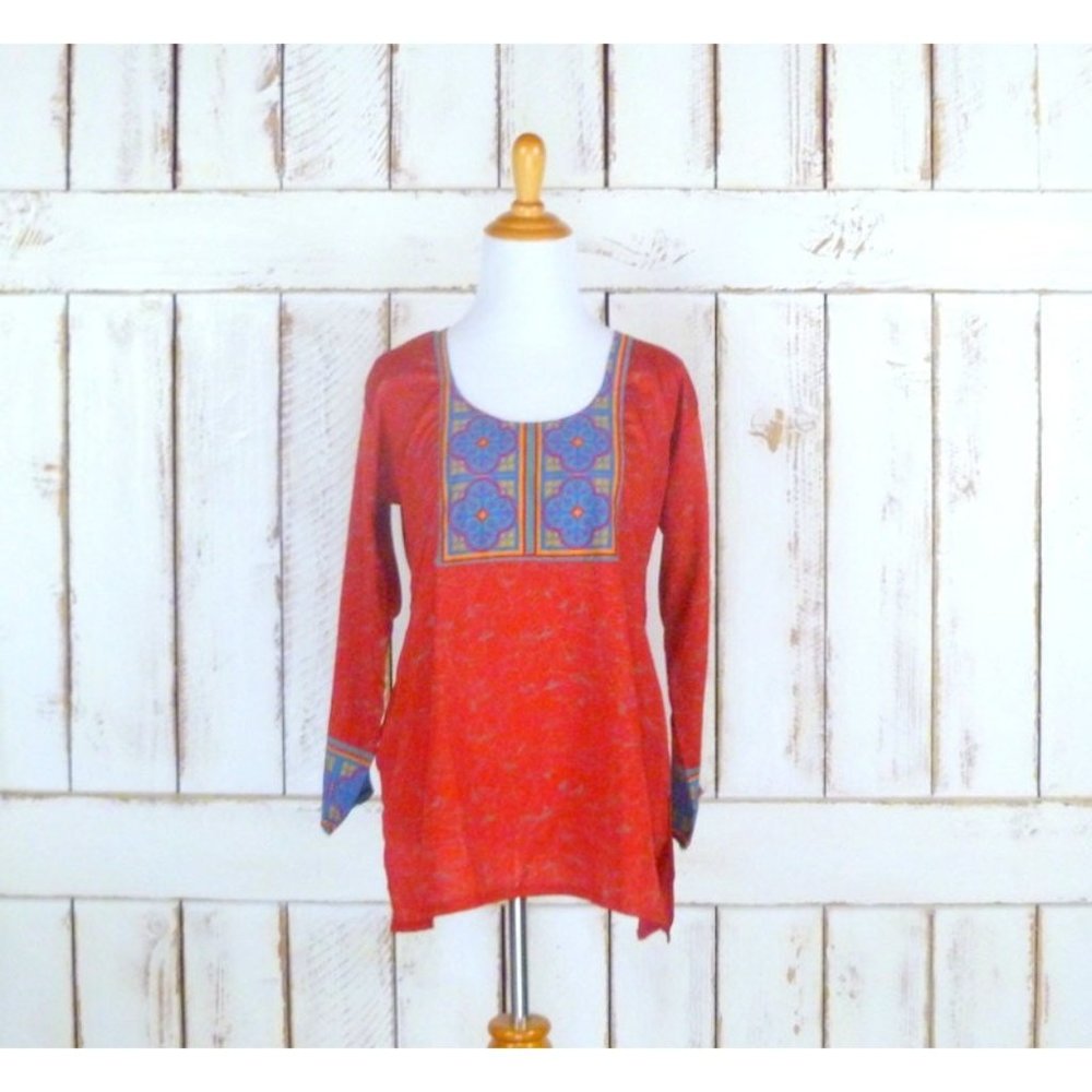 Vintage red silk blend Indian print long tunic blouse